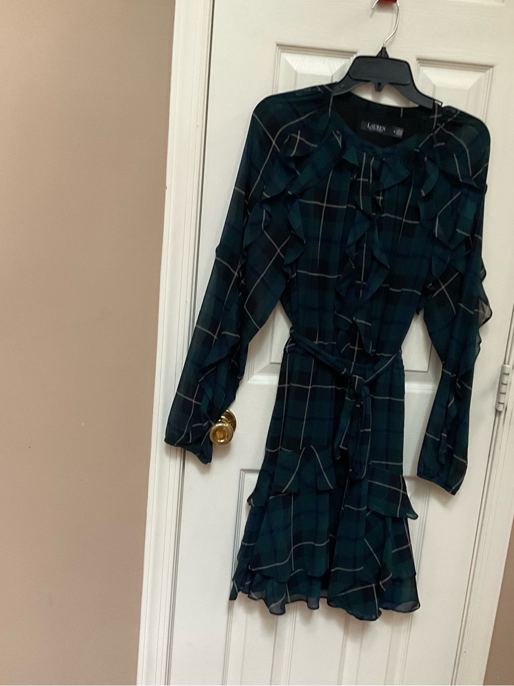 Lauren Ralph Lauren Dark Green Plaid Ruffle Tie-Waist Dress - Picture 5 of 6